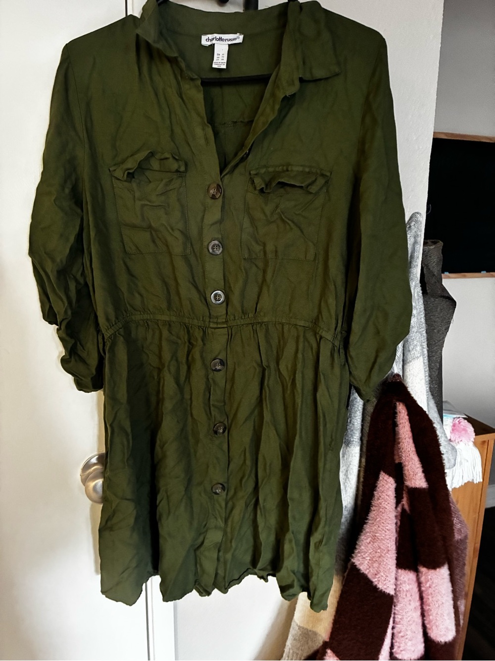 Charlotte Russe Olive Button-Up Mini Shirt Dress